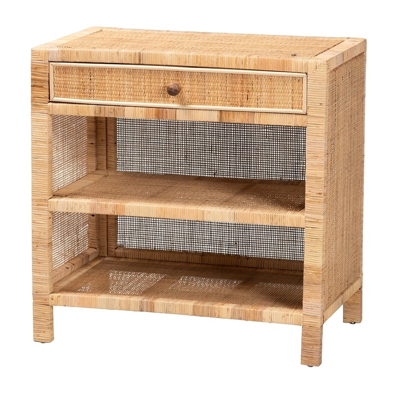 BALI & PARI BELLA MODERN BOHEMIAN NATURAL BROWN MAHOGANY WOOD AND NATURAL RATTAN 1-DRAWER CONSOLE TABLE