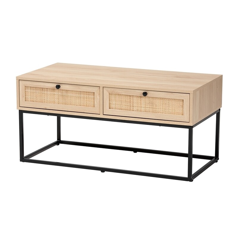 BAXTON STUDIO AMELIA MID-CENTURY MODERN TRANSITIONAL NATURAL BROWN FINISHED WOOD AND NATURAL RATTAN 2-DRAWER COFFEE TABLE