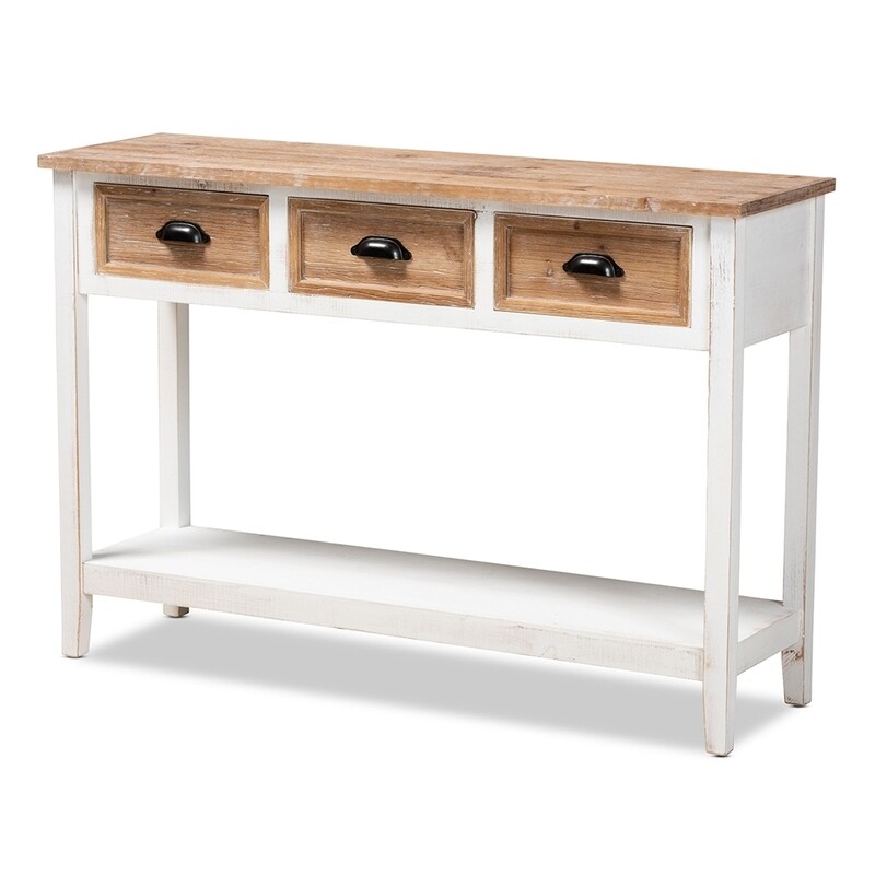 BAXTON STUDIO BENEDICT TRADITIONAL FARMHOUSE AND RUSTIC TWO-TONE WHITE AND OAK BROWN FINISHED WOOD 3-DRAWER CONSOLE TABLE