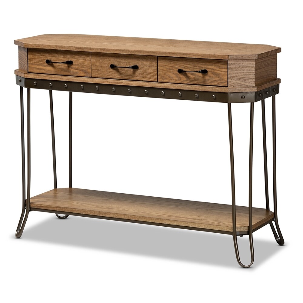 BAXTON STUDIO KELLYN VINTAGE RUSTIC INDUSTRIAL OAK BROWN FINISHED WOOD AND BLACK FINISHED METAL 3-DRAWER CONSOLE TABLE