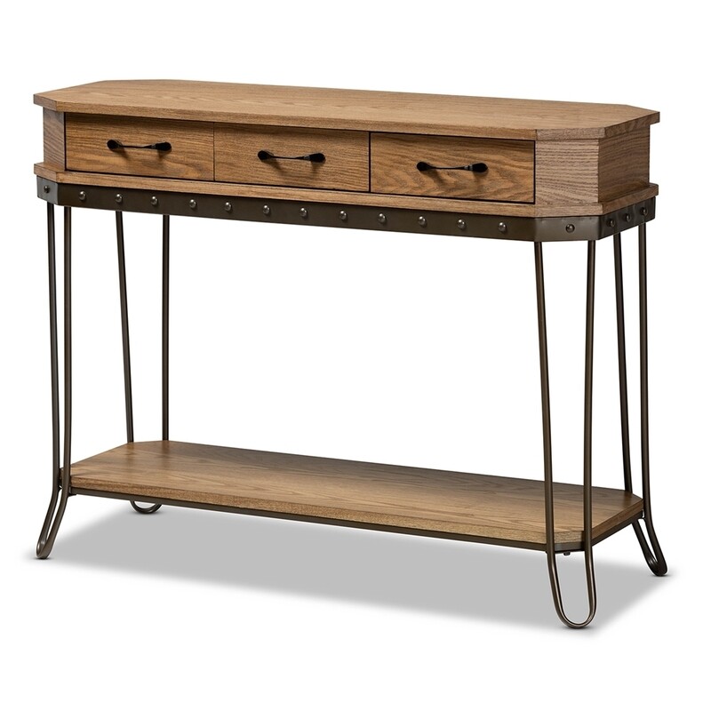 BAXTON STUDIO KELLYN VINTAGE RUSTIC INDUSTRIAL OAK BROWN FINISHED WOOD AND BLACK FINISHED METAL 3-DRAWER CONSOLE TABLE