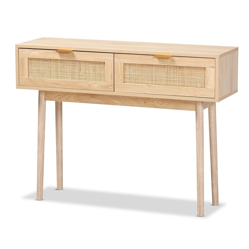 BAXTON STUDIO BAIRD MID-CENTURY MODERN LIGHT OAK BROWN FINISHED WOOD AND RATTAN 2-DRAWER CONSOLE TABLE