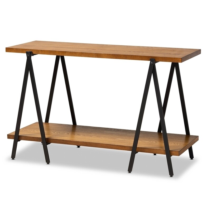 BAXTON STUDIO BRITTON RUSTIC INDUSTRIAL WALNUT FINISHED WOOD AND BLACK FINISHED METAL CONSOLE TABLE