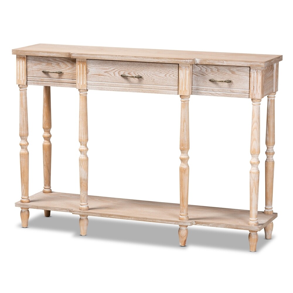 BAXTON STUDIO HALLAN CLASSIC AND TRADITIONAL FRENCH PROVINCIAL RUSTIC WHITEWASHED OAK BROWN FINISHED WOOD 3-DRAWER CONSOLE TABLE
