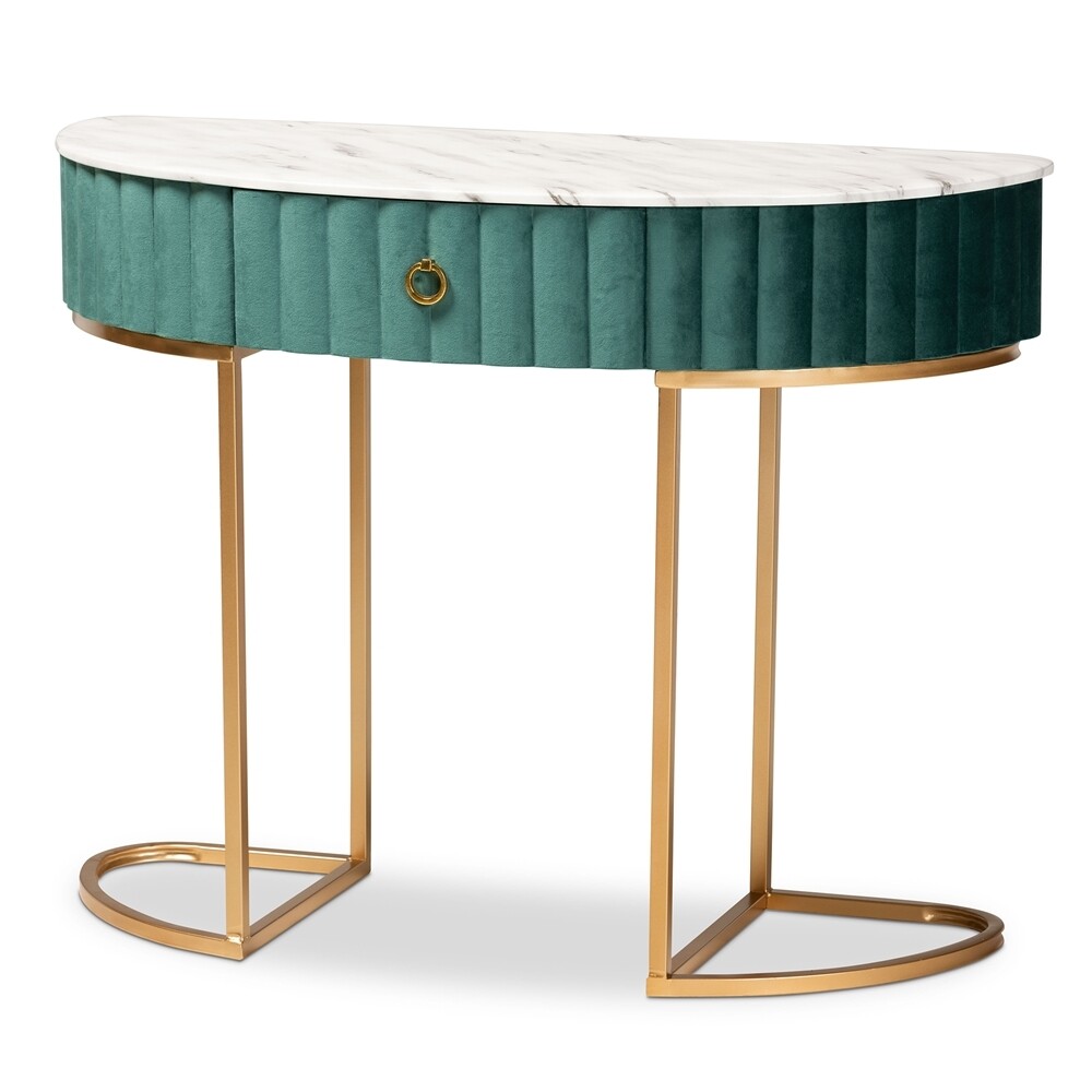 BAXTON STUDIO BEALE LUXE AND GLAM GREEN VELVET UPHOLSTERED AND BRUSHED GOLD FINISHED 1-DRAWER CONSOLE TABLE WITH FAUX MARBLE TABLETOP
