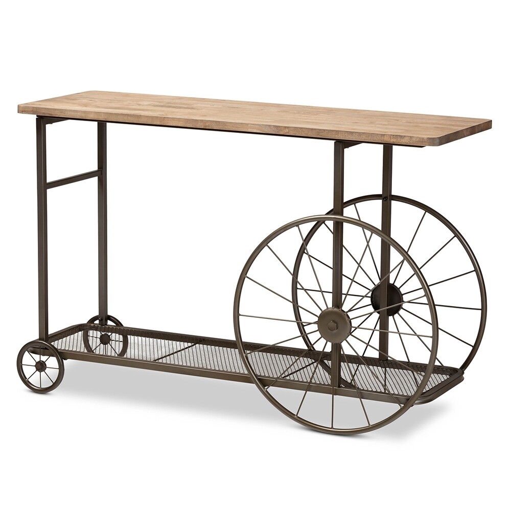 BAXTON STUDIO TERENCE VINTAGE RUSTIC INDUSTRIAL NATURAL FINISHED WOOD AND BLACK FINISHED METAL WHEELED CONSOLE TABLE