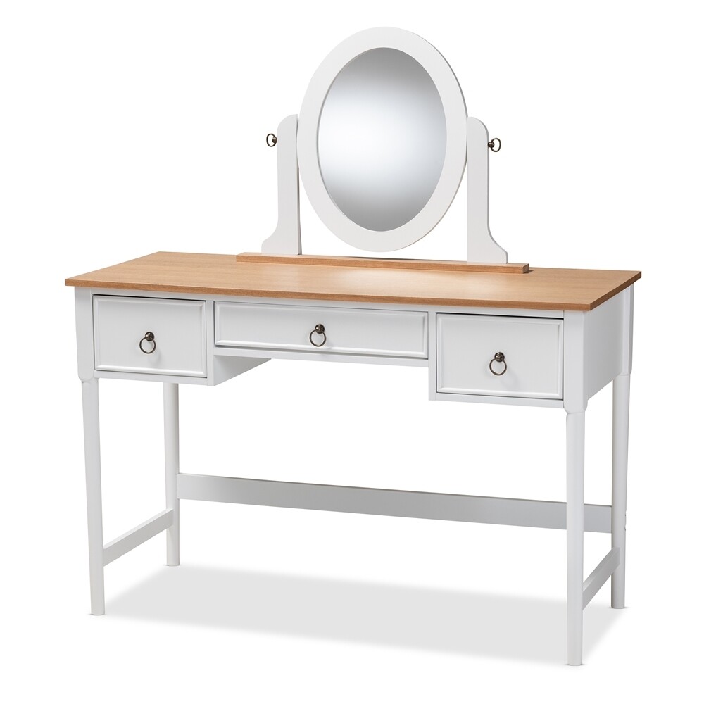 BAXTON STUDIO SYLVIE CLASSIC AND TRADITIONAL WHITE 3-DRAWER WOOD VANITY TABLE WITH MIRROR