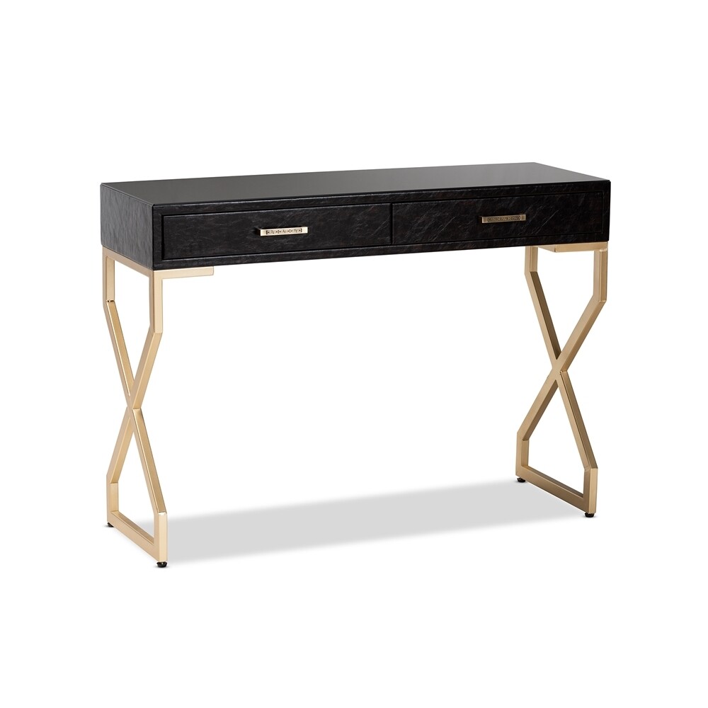 BAXTON STUDIO CARVILLE MODERN AND CONTEMPORARY DARK BROWN FAUX LEATHER UPHOLSTERED GOLD FINISHED 2-DRAWER CONSOLE TABLE