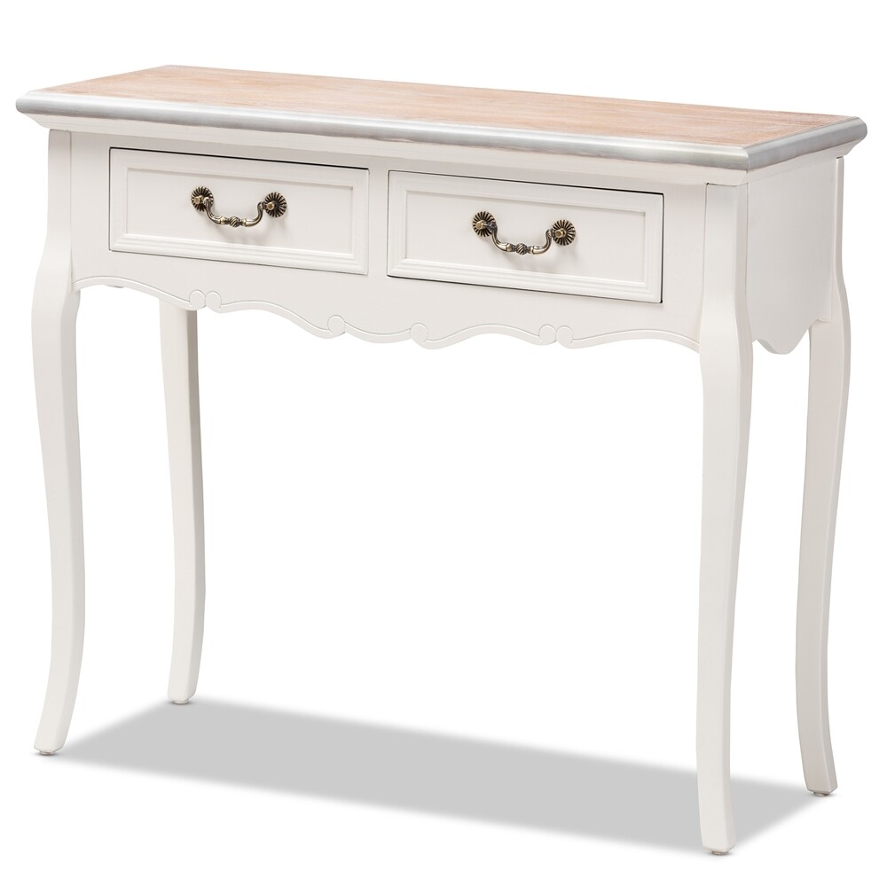 BAXTON STUDIO CAPUCINE ANTIQUE FRENCH COUNTRY COTTAGE TWO TONE NATURAL WHITEWASHED OAK AND WHITE FINISHED WOOD 2-DRAWER CONSOLE TABLE