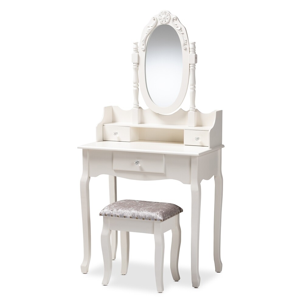 BAXTON STUDIO VERONIQUE TRADITIONAL FRENCH PROVINCIAL WHITE FINISHED WOOD 2-PIECE VANITY TABLE WITH MIRROR AND OTTOMAN