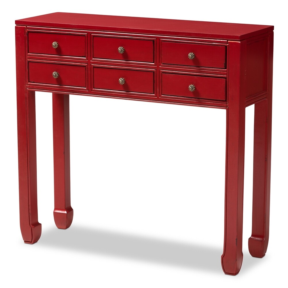 BAXTON STUDIO POMME CLASSIC AND ANTIQUE RED FINISHED WOOD BRONZE FINISHED ACCENTS 6-DRAWER CONSOLE TABLE