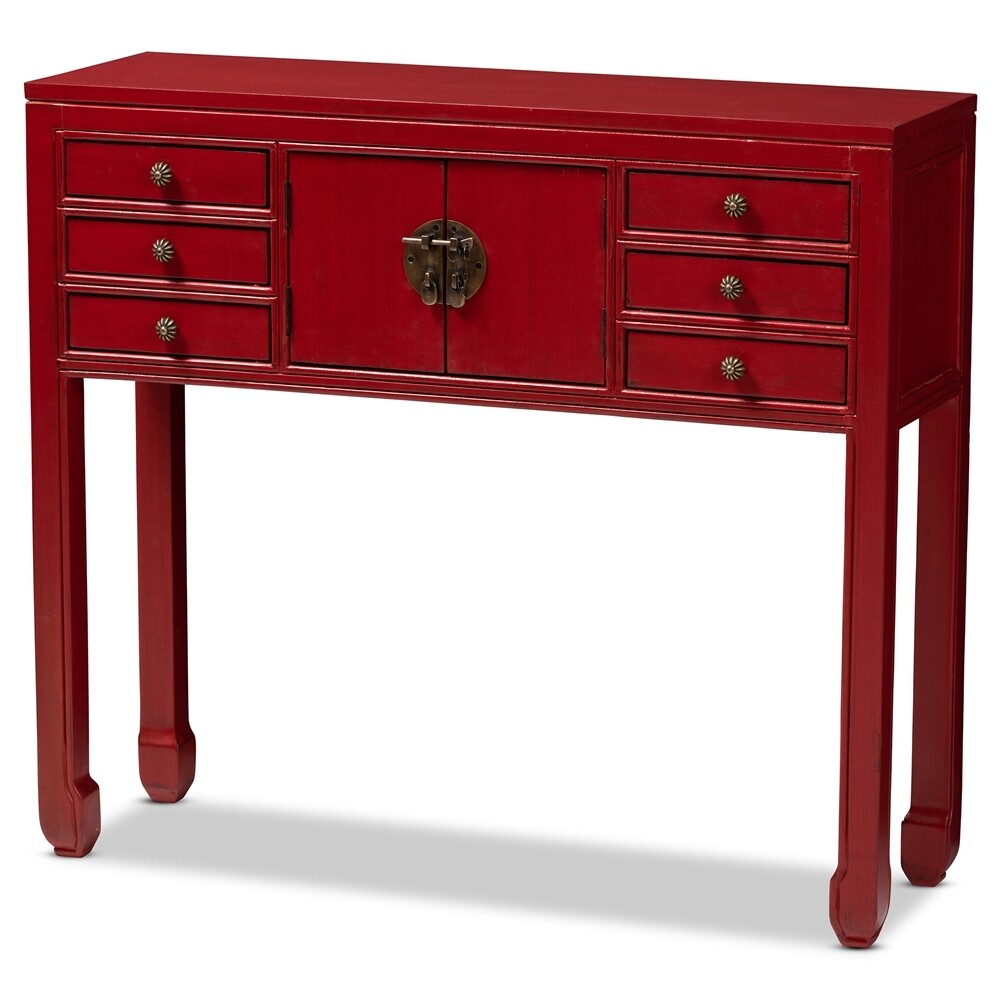 BAXTON STUDIO MELODIE CLASSIC AND ANTIQUE RED FINISHED WOOD BRONZE FINISHED ACCENTS 6-DRAWER CONSOLE TABLE