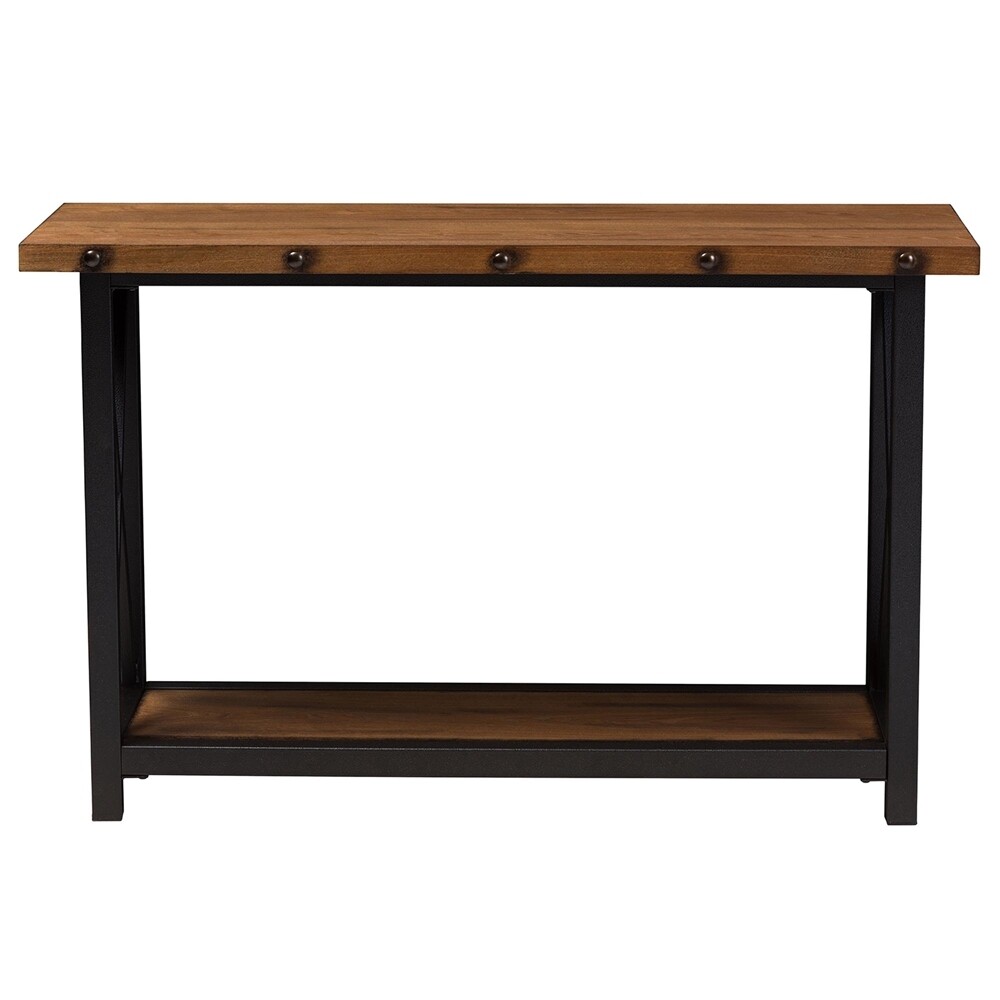 BAXTON STUDIO HERZEN RUSTIC INDUSTRIAL STYLE ANTIQUE BLACK TEXTURED FINISHED METAL DISTRESSED WOOD OCCASIONAL CONSOLE TABLE