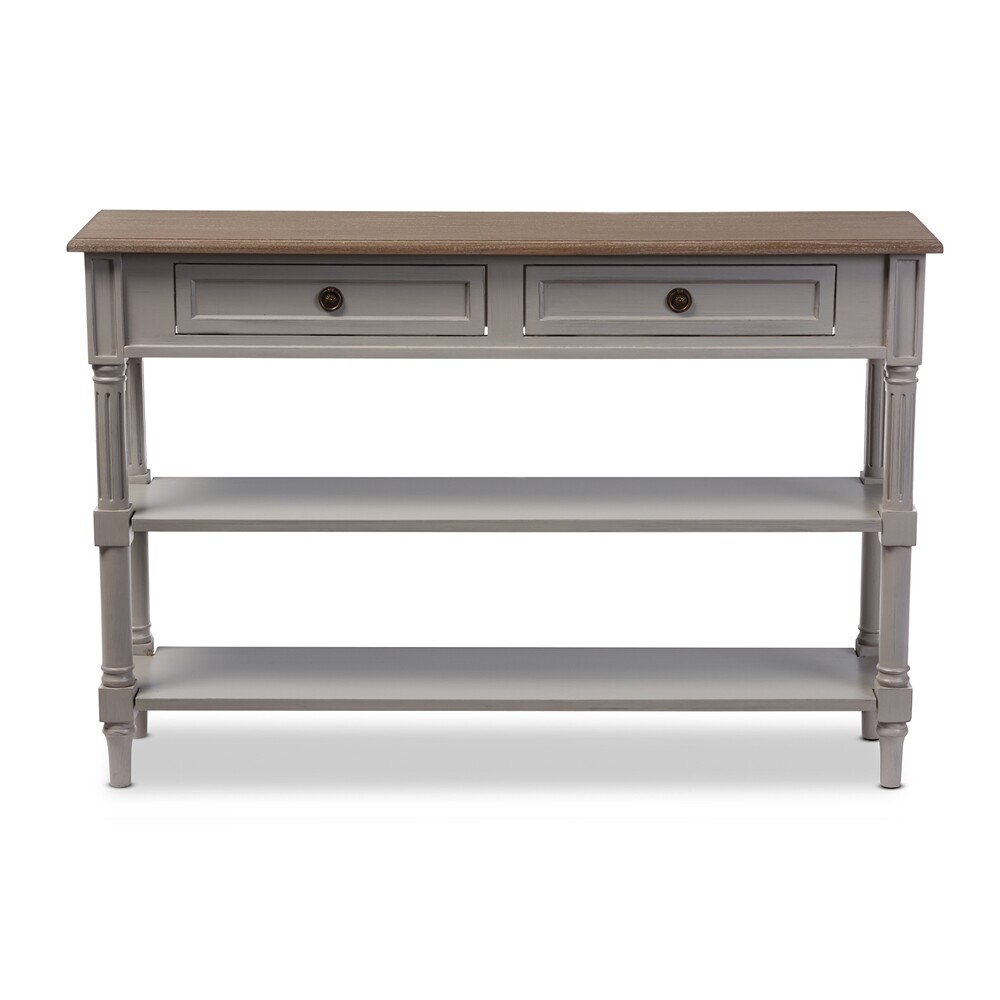 BAXTON STUDIO EDOUARD FRENCH PROVINCIAL STYLE WHITE WASH DISTRESSED WOOD AND GREY TWO-TONE 2-DRAWER CONSOLE TABLE