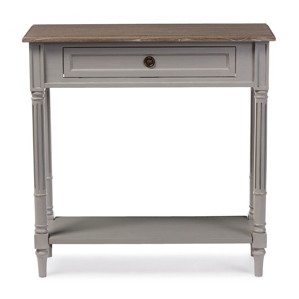 BAXTON STUDIO EDOUARD FRENCH PROVINCIAL STYLE WHITE WASH DISTRESSED WOOD AND GREY TWO-TONE 1-DRAWER CONSOLE TABLE