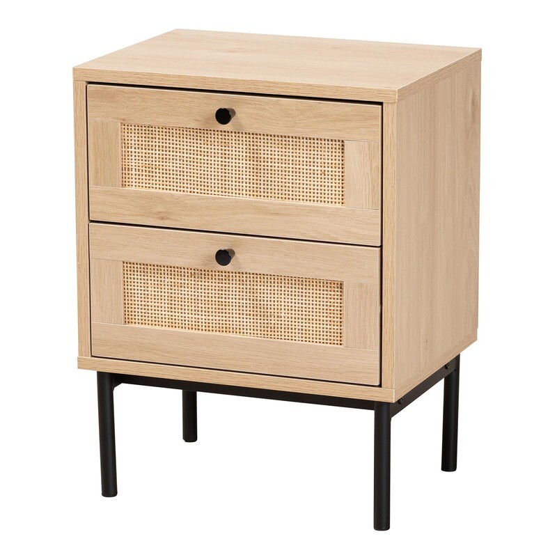 BAXTON STUDIO SHERWIN MID-CENTURY MODERN LIGHT BROWN AND BLACK 2-DRAWER END TABLE WITH WOVEN RATTAN ACCENT