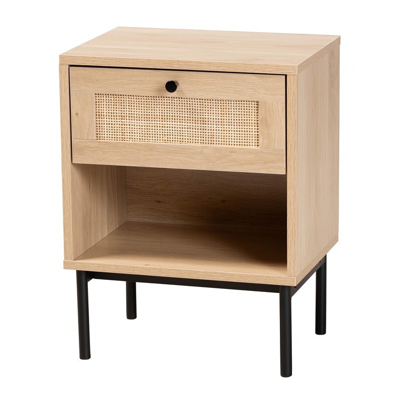 BAXTON STUDIO SHERWIN MID-CENTURY MODERN LIGHT BROWN AND BLACK 1-DRAWER END TABLE WITH WOVEN RATTAN ACCENT