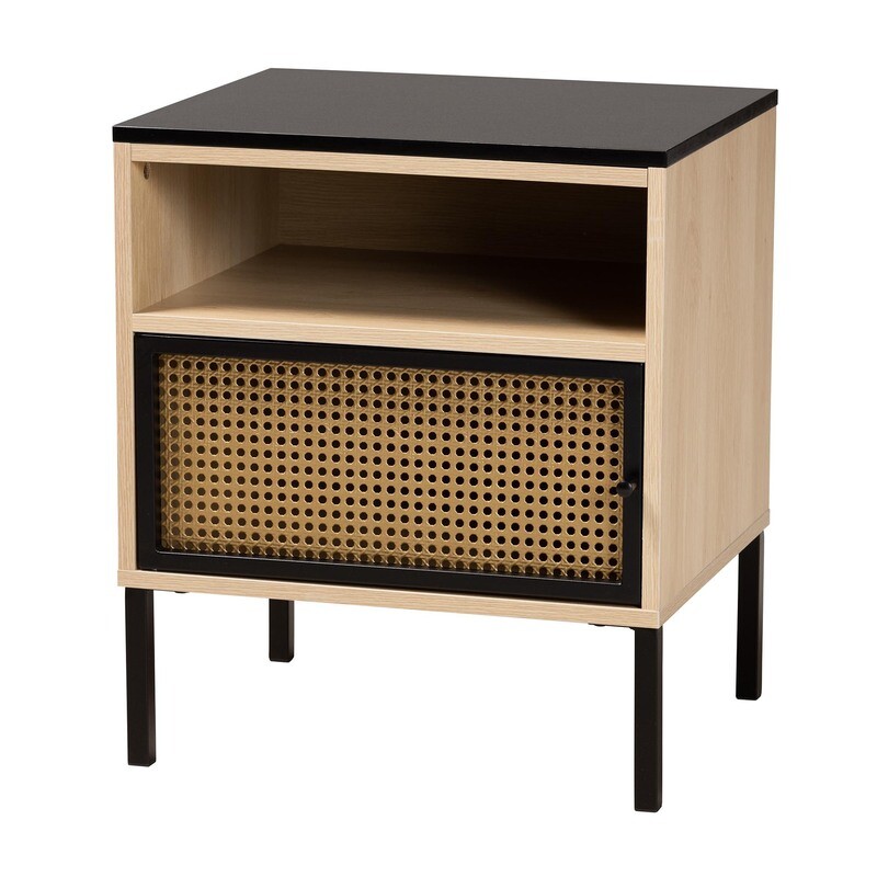 BAXTON STUDIO FELTON MID-CENTURY MODERN TWO-TONE BLACK AND GOLD METAL AND LIGHT BROWN FINISHED WOOD 1-DOOR END TABLE