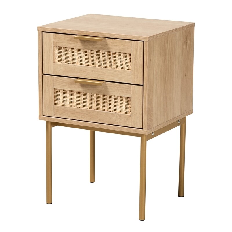 BAXTON STUDIO DEWITT JAPANDI LIGHT BROWN FINISHED WOOD AND GOLD METAL 2-DRAWER END TABLE