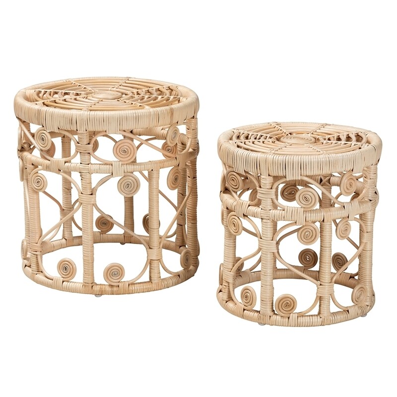 BALI & PARI BOWIE MODERN BOHEMIAN NATURAL BROWN RATTAN 2-PIECE NESTING END TABLE SET