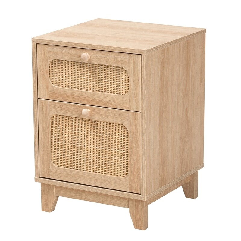 BAXTON STUDIO ELSBETH MID-CENTURY MODERN LIGHT BROWN FINISHED WOOD AND NATURAL RATTAN 1-DRAWER END TABLE