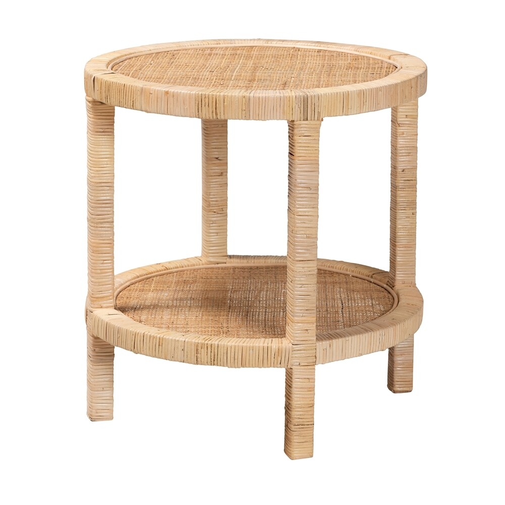 BALI & PARI BELLA MODERN BOHEMIAN NATURAL BROWN MAHOGANY WOOD AND NATURAL RATTAN 2-TIER END TABLE