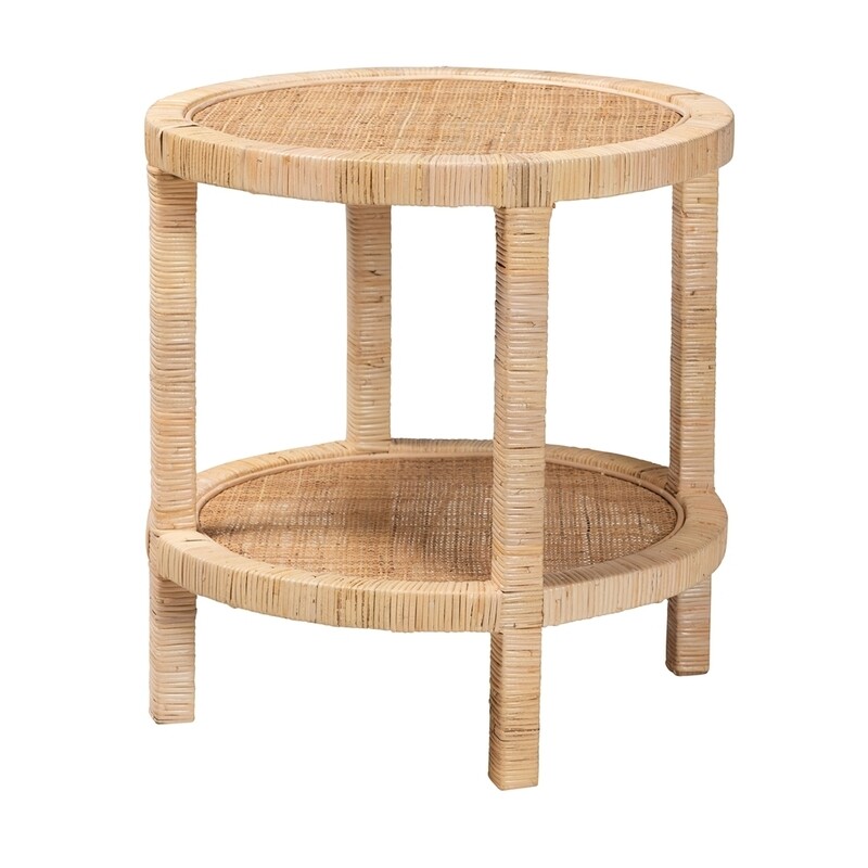 BALI & PARI BELLA MODERN BOHEMIAN NATURAL BROWN MAHOGANY WOOD AND NATURAL RATTAN 2-TIER END TABLE
