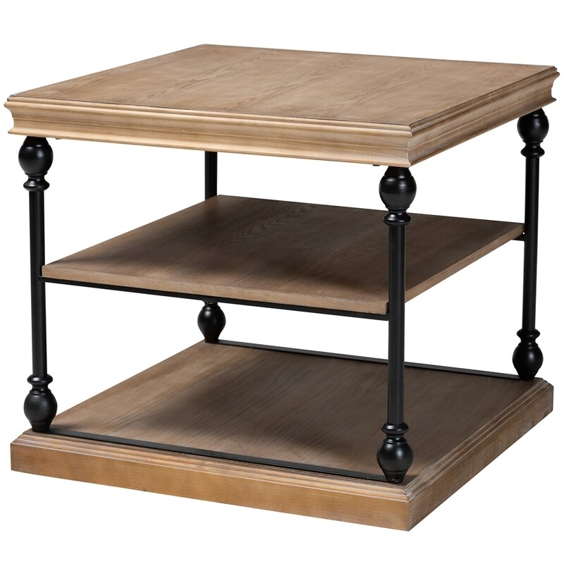 BAXTON STUDIO SEBASTIAN TRADITIONAL INDUSTRIAL GREYWASHED WOOD AND BLACK METAL 3-TIER END TABLE