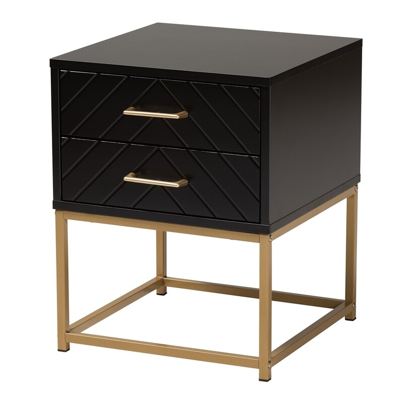 BAXTON STUDIO INAYA CONTEMPORARY GLAM AND LUXE BLACK FINISHED WOOD AND GOLD METAL 2-DRAWER END TABLE