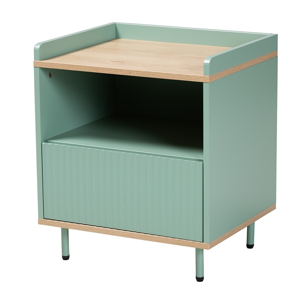 BAXTON STUDIO TAVITA MID-CENTURY MODERN TWO-TONE MINT GREEN AND OAK BROWN FINISHED WOOD 1-DRAWER END TABLE
