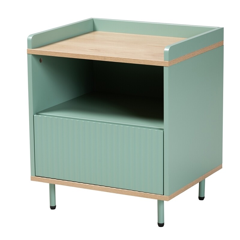 BAXTON STUDIO TAVITA MID-CENTURY MODERN TWO-TONE MINT GREEN AND OAK BROWN FINISHED WOOD 1-DRAWER END TABLE