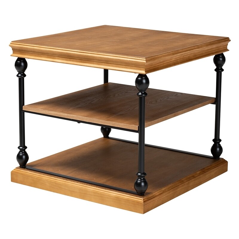 BAXTON STUDIO SEBASTIAN TRADITIONAL INDUSTRIAL OAK BROWN FINISHED WOOD AND BLACK METAL 3-TIER END TABLE