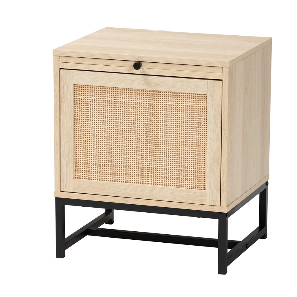 BAXTON STUDIO CATERINA MID-CENTURY MODERN TRANSITIONAL NATURAL BROWN FINISHED WOOD AND NATURAL RATTAN 1-DOOR END TABLE WITH PULL-OUT SHELF