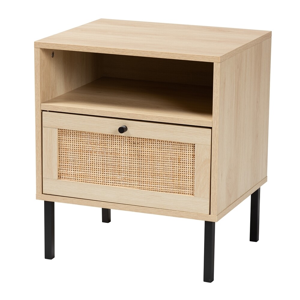 BAXTON STUDIO CATERINA MID-CENTURY MODERN TRANSITIONAL NATURAL BROWN FINISHED WOOD AND NATURAL RATTAN 1-DOOR END TABLE