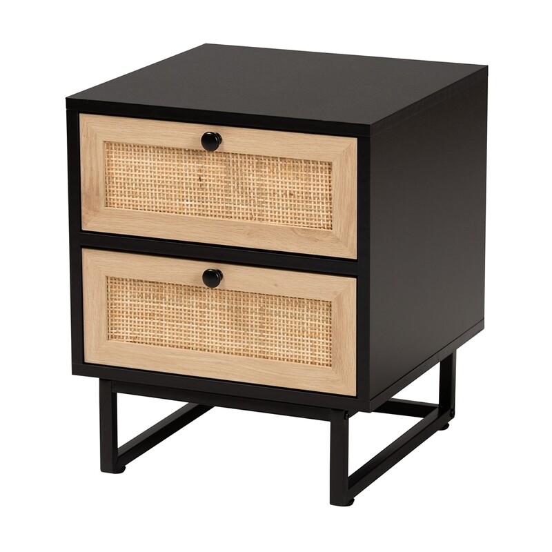BAXTON STUDIO DECLAN MID-CENTURY MODERN ESPRESSO BROWN FINISHED WOOD AND NATURAL RATTAN 2-DRAWER END TABLE