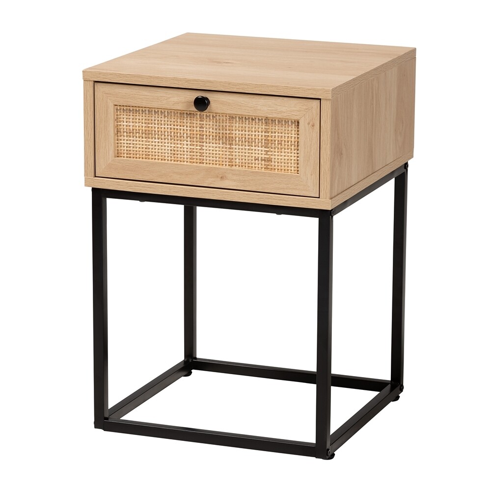 BAXTON STUDIO AMELIA MID-CENTURY MODERN TRANSITIONAL NATURAL BROWN FINISHED WOOD AND NATURAL RATTAN 1-DRAWER END TABLE