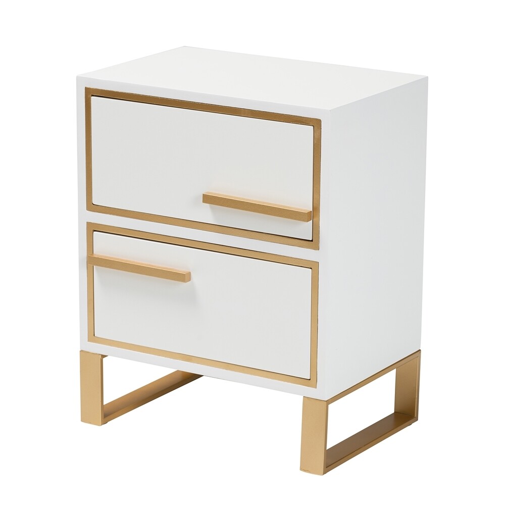 BAXTON STUDIO GIOLLA CONTEMPORARY GLAM AND LUXE WHITE FINISHED WOOD AND GOLD METAL 2-DRAWER END TABLE