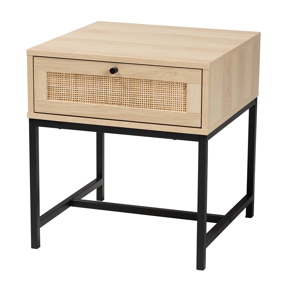 BAXTON STUDIO CATERINA MID-CENTURY MODERN TRANSITIONAL NATURAL BROWN FINISHED WOOD AND NATURAL RATTAN 1-DRAWER END TABLE