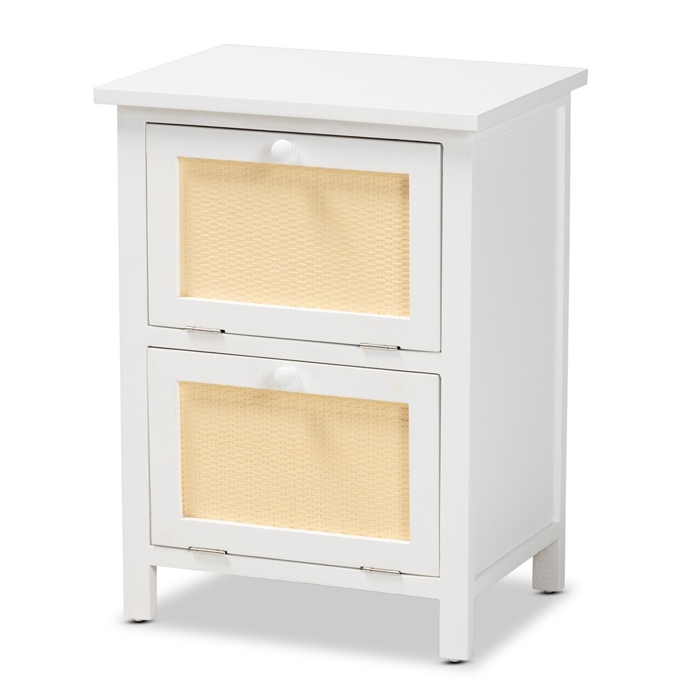 BAXTON STUDIO SARIAH MID-CENTURY MODERN WHITE FINISHED WOOD AND RATTAN 2-DOOR END TABLE