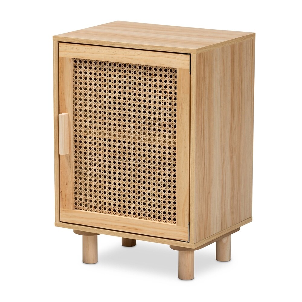 BAXTON STUDIO MACLEAN MID-CENTURY MODERN RATTAN AND NATURAL BROWN FINISHED WOOD 1-DOOR END TABLE