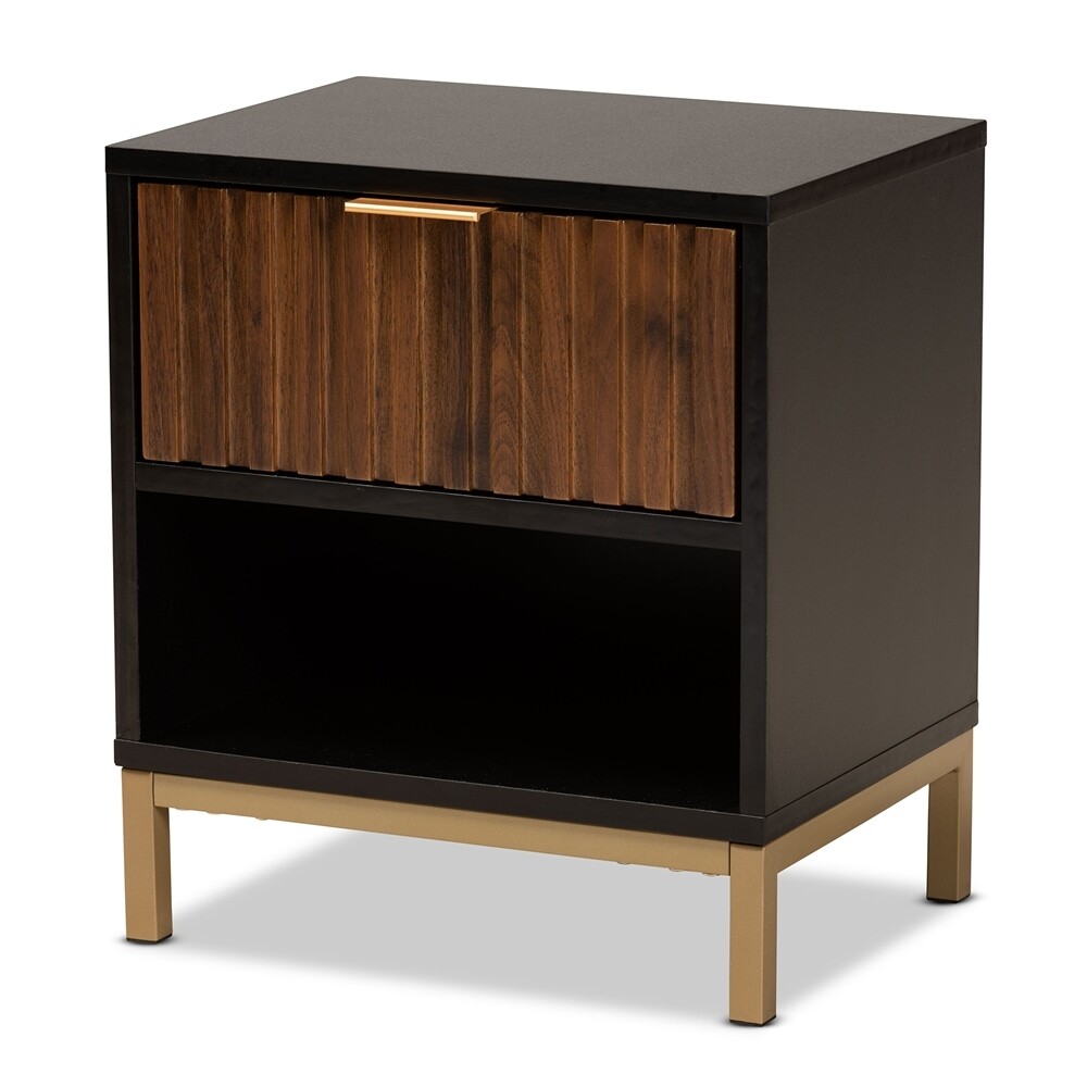 BAXTON STUDIO URIEL MID-CENTURY MODERN TRANSITIONAL TWO-TONE NATURAL BROWN AND BLACK FINISHED WOOD AND BRUSHED GOLD METAL 1-DRAWER END TABLE