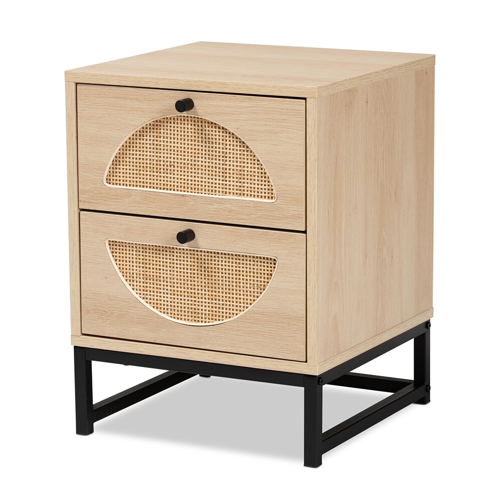 BAXTON STUDIO ARDON BOHEMIAN LIGHT BROWN FINISHED WOOD AND BLACK METAL 2-DRAWER END TABLE WITH NATURAL RATTAN