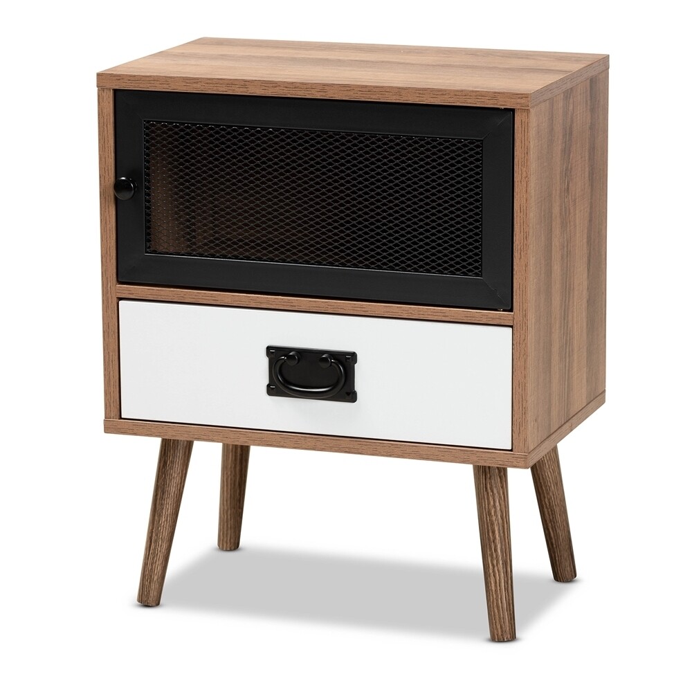 BAXTON STUDIO HUBBARD MID-CENTURY MODERN TWO-TONE NATURAL BROWN AND WHITE FINISHED WOOD AND BLACK METAL 1-DRAWER END TABLE