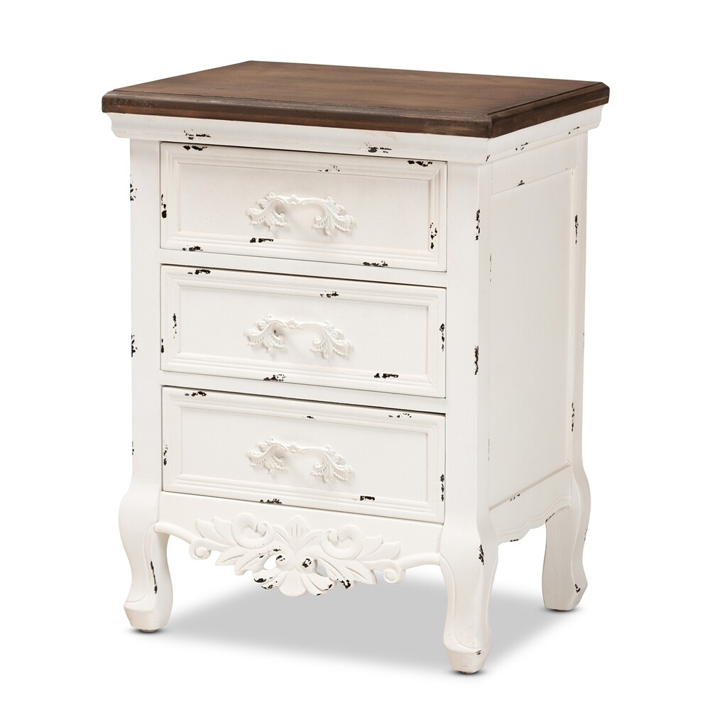 BAXTON STUDIO LEVRON CLASSIC AND TRADITIONAL WALNUT BROWN AND ANTIQUE WHITE FINISHED WOOD 3-DRAWER END TABLE
