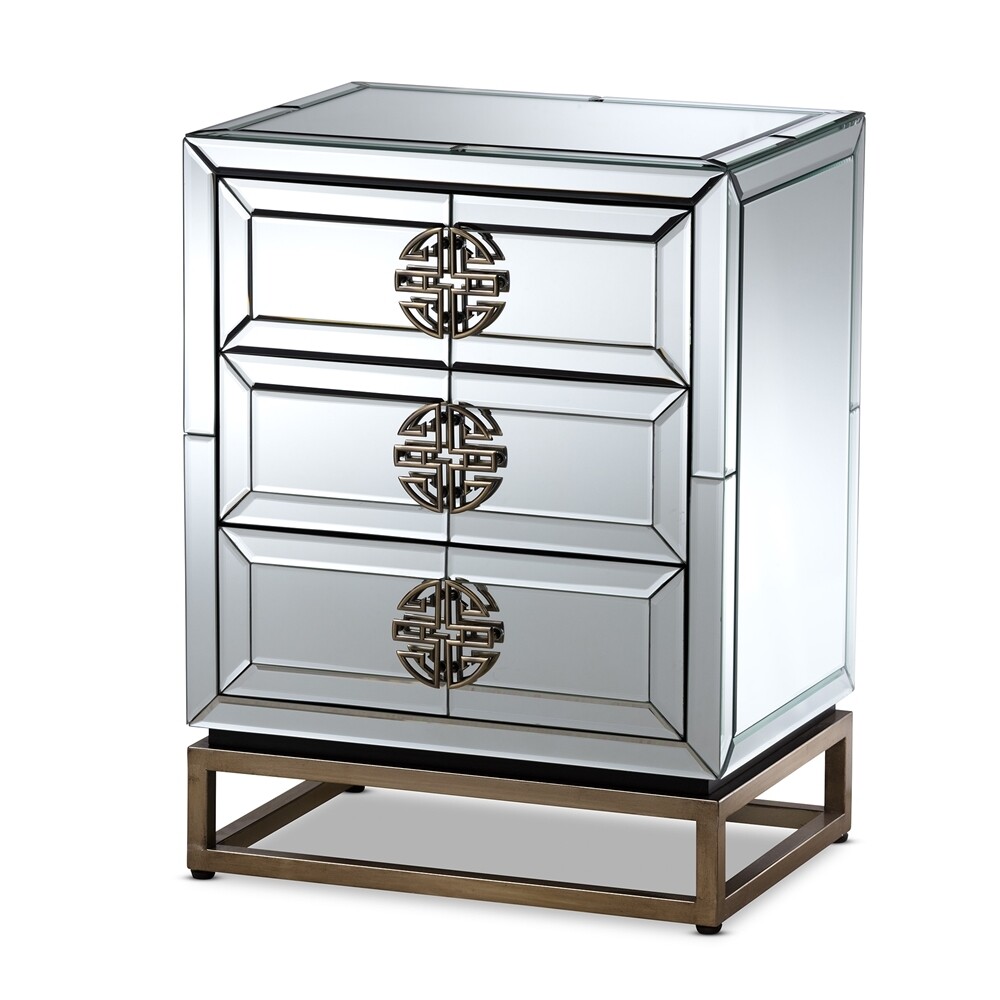BAXTON STUDIO LAKEN CONTEMPORARY GLAM AND LUXE MIRRORED AND ANTIQUE BRONZE FINISHED 3-DRAWER END TABLE
