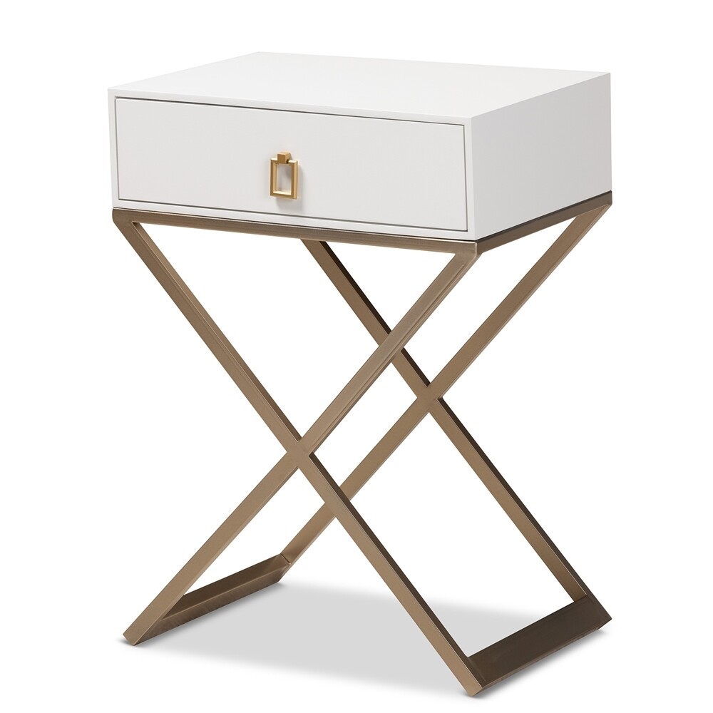 BAXTON STUDIO PATRICIA MODERN AND CONTEMPORARY WHITE FINISHED WOOD AND POWDER COATED BRASS EFFECT METAL 1-DRAWER END TABLE