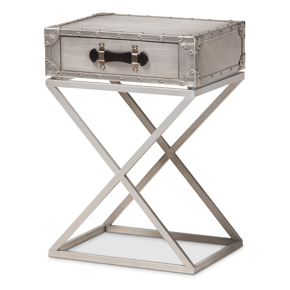 BAXTON STUDIO WILLIAM MODERN FRENCH INDUSTRIAL SILVER METAL 1-DRAWER END TABLE