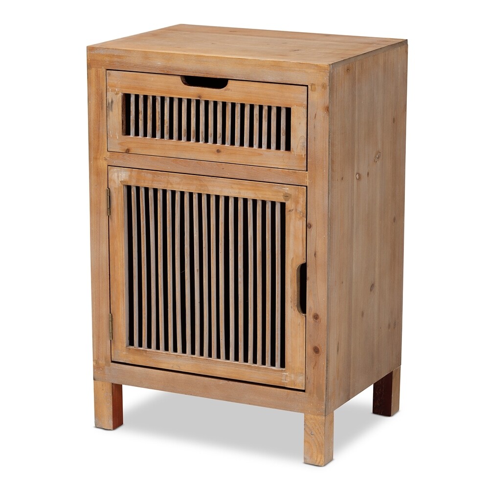 BAXTON STUDIO CLEMENT RUSTIC TRANSITIONAL MEDIUM OAK FINISHED 1-DOOR AND 1-DRAWER WOOD SPINDLE END TABLE