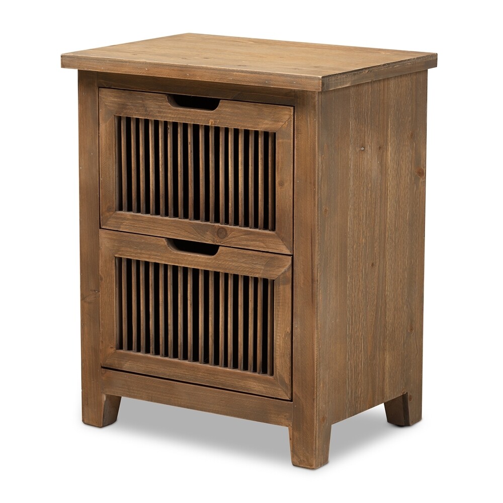 BAXTON STUDIO CLEMENT RUSTIC TRANSITIONAL MEDIUM OAK FINISHED 2-DRAWER WOOD SPINDLE END TABLE