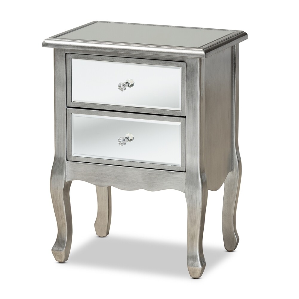 BAXTON STUDIO LEONIE MODERN TRANSITIONAL FRENCH BRUSHED SILVER FINISHED WOOD AND MIRRORED GLASS 2-DRAWER END TABLE  I